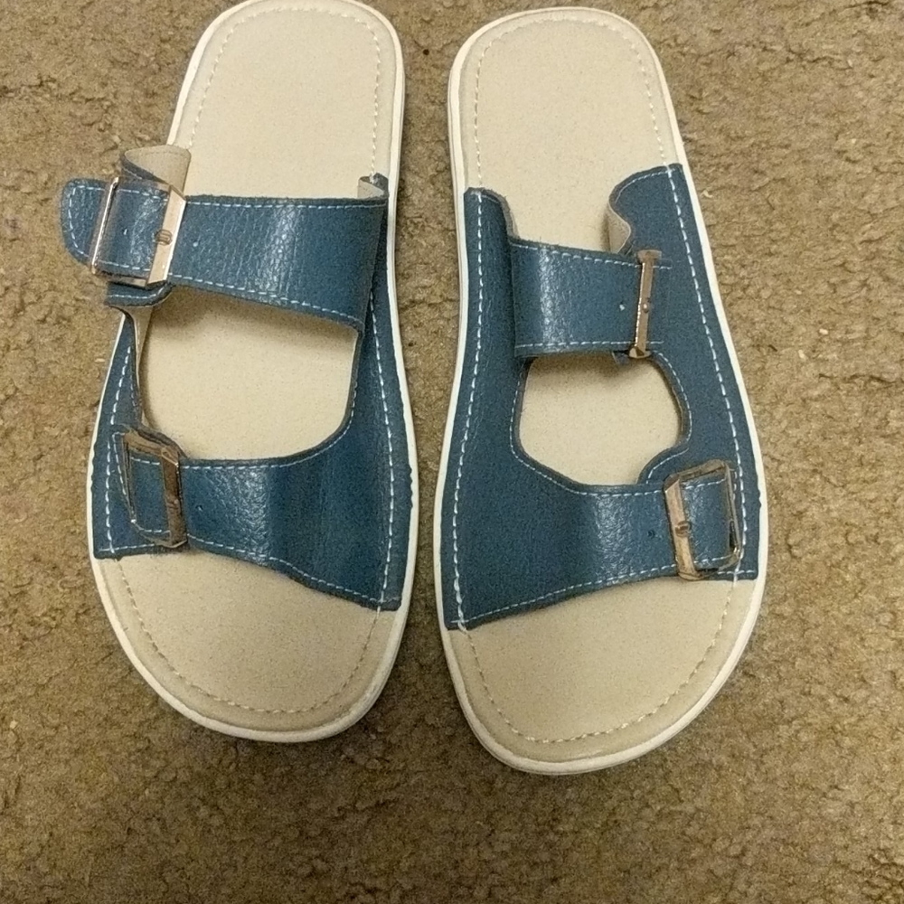 Blue and Beige sandals with gold buckles